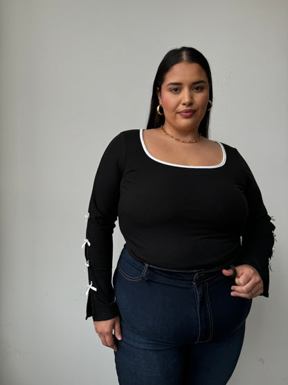 Plus Size Bow Detail Ribbed Long Sleeve Top