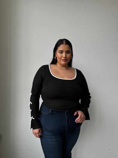 Plus Size Bow Detail Ribbed Long Sleeve Top