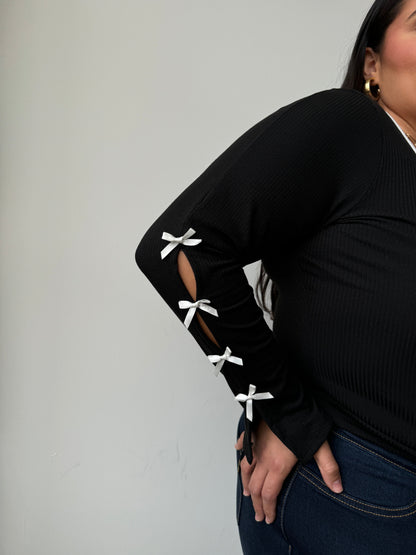 Plus Size Bow Detail Ribbed Long Sleeve Top