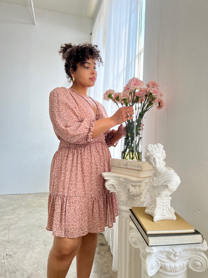 Plus Size Long Sleeve Chiffon Floral Dress