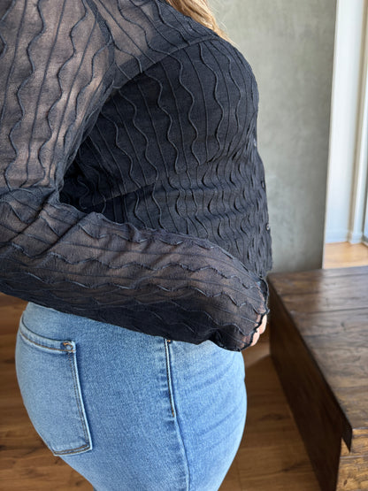 Plus Size Sheer Textured Long Sleeve Shirt